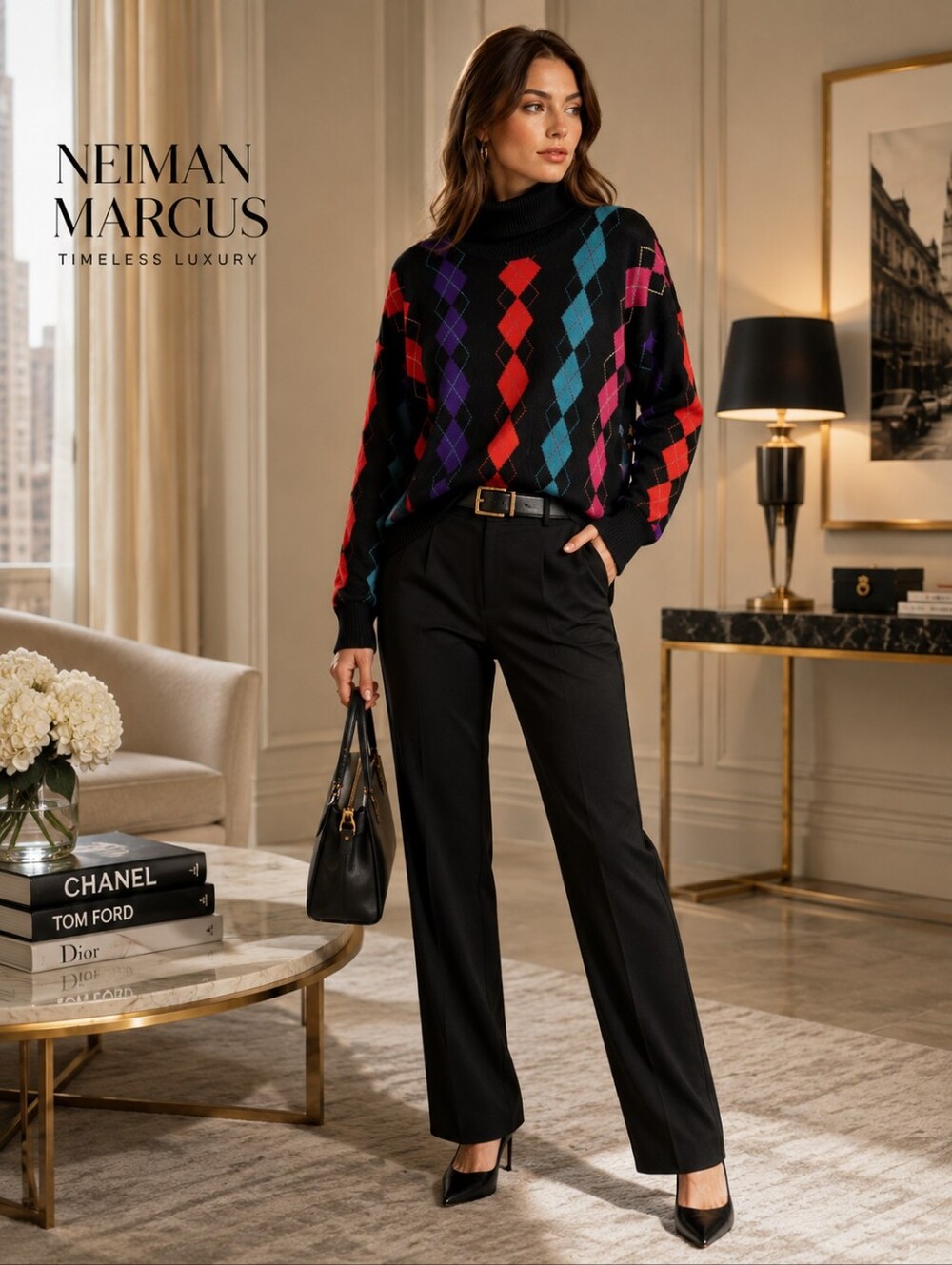 Neiman Marcus LARGE 100% CASHMERE‎ Vintage Turtleneck Sweater Multi Diamond 80s